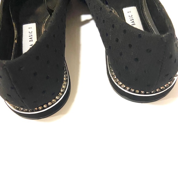 6 ZARA Pointed Shoe Diamond Stud Chrome Heel Polka Dot Lace Flats Black - Picture 4 of 6